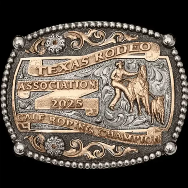 The Mission Belt Buckle shows off an historic look and pleasing shape with a silver bead edge, with bronze banners and copper lettering. Personalize this unique vintage belt buckle today!  